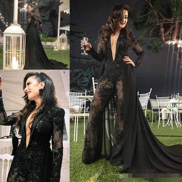 black jumpsuit prom dresses plunging v neck long sleeves chiffon train lace sequins custom made celebrity evening party gown
black jumpsuit prom dresses plunging v neck long sleeves chiffon train lace sequins custom made celebrity evening party gown
