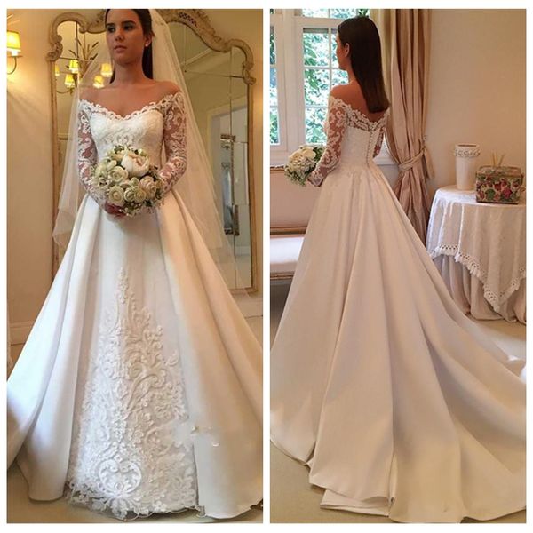 2019 beautiful white a-line wedding dresses off-shoulder long sleeves lace appliques back button bridal dresses garden vestidos
2019 beautiful white a-line wedding dresses off-shoulder long sleeves lace appliques back button bridal dresses garden vestidos