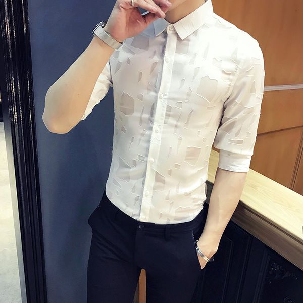 men's casual shirts 2021 summer chemise homme perspective lace shirt men half sleeve streetwear slim fit tuxedo, White;black
men's casual shirts 2021 summer chemise homme perspective lace shirt men half sleeve streetwear slim fit tuxedo, White;black