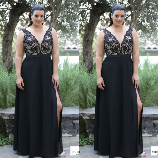 chic black plus size prom dresess 2019 v neck sleeveless side split evening dress lace appliques custom made cocktail party dress, Black;red
chic black plus size prom dresess 2019 v neck sleeveless side split evening dress lace appliques custom made cocktail party dress, Black;red