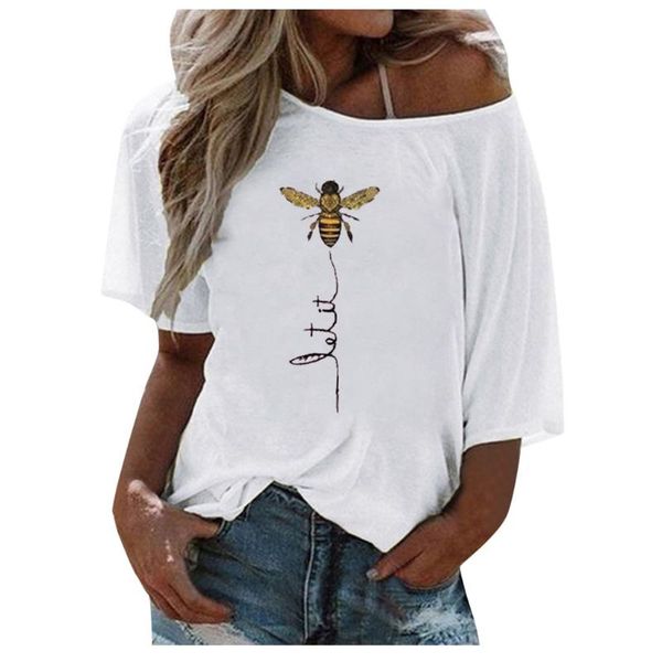 38# women plus size ladies one shoulder bee printed t-shirt harajuku summer loose woman tshirts ropa mujer, White
38# women plus size ladies one shoulder bee printed t-shirt harajuku summer loose woman tshirts ropa mujer, White
