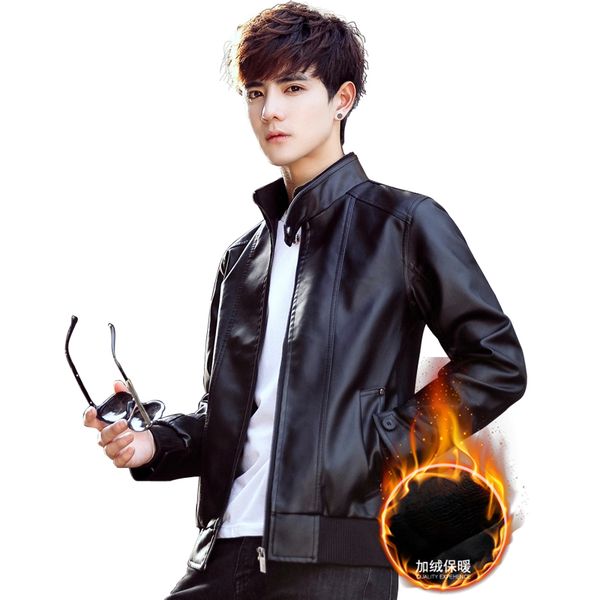 maoxianlongwinter new leather jacket men stand collar solid color pu motorcycle leather men's plus velvet jacket, Black 
maoxianlongwinter new leather jacket men stand collar solid color pu motorcycle leather men's plus velvet jacket, Black