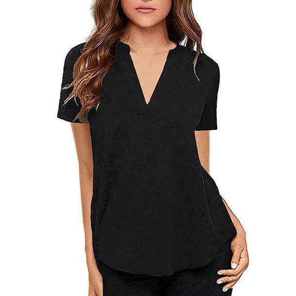 2019 new ladies fashion v-neck loose short-sleeved comfort breathable solid color shirt, White
2019 new ladies fashion v-neck loose short-sleeved comfort breathable solid color shirt, White