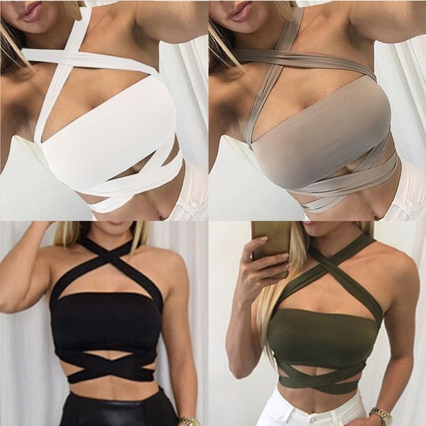 women summer criss cross halter bandage crop tank cut out bustier cami, White
women summer criss cross halter bandage crop tank cut out bustier cami, White