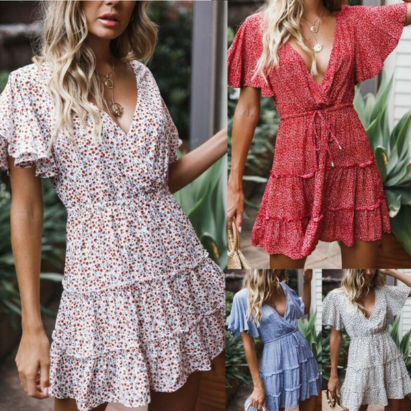 women short sleeve wrap boho floral mini dress summer sundress holiday dress bikini cover up, Blue;gray
women short sleeve wrap boho floral mini dress summer sundress holiday dress bikini cover up, Blue;gray