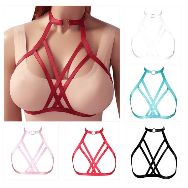 

pink body harness bondage soft strappy hollow out cage bra adjust goth plus size dance festival rave lingerie for women, Black;white