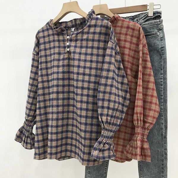 women's blouses & shirts shirt casual plaid round neck single three buckle beads long sleeve flared loose top, White
women's blouses & shirts shirt casual plaid round neck single three buckle beads long sleeve flared loose top, White