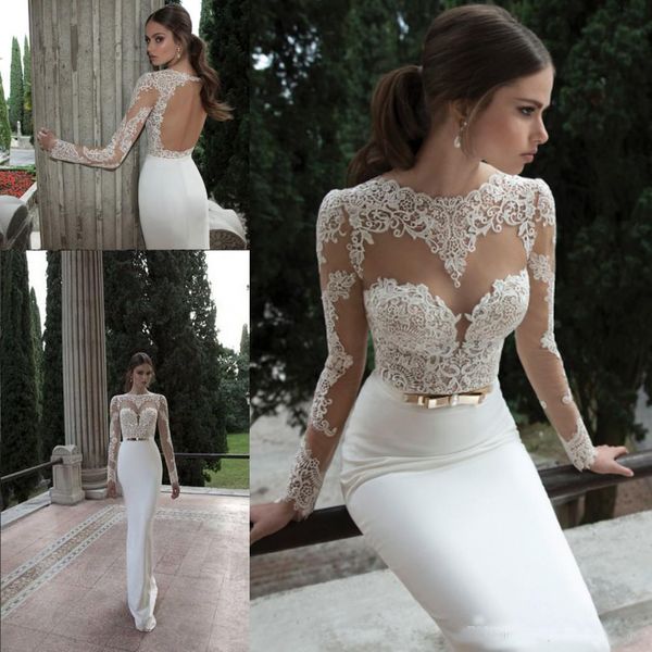 2019 sheath berta wedding dresses illusion long sleeve crew neckline with appliques lace backless vestidos de noiva beach bridal gowns, White
2019 sheath berta wedding dresses illusion long sleeve crew neckline with appliques lace backless vestidos de noiva beach bridal gowns, White