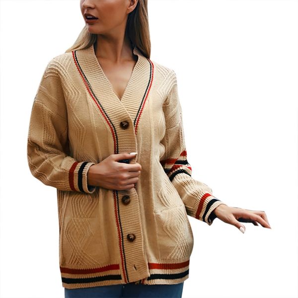 2019 autumn and winter casual contrast color striped cardigan jacket v-neck loose sweater women's sweater, White
2019 autumn and winter casual contrast color striped cardigan jacket v-neck loose sweater women's sweater, White