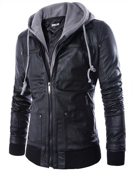 men's explosions pu leather hooded fake two men's motorcycle leather jacket, Black
men's explosions pu leather hooded fake two men's motorcycle leather jacket, Black