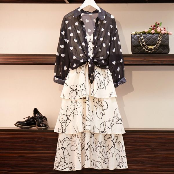 2019 summer long fund printing camisole dress cake skirt woman + heart pattern sunscreen clothes suit two piece sets, White
2019 summer long fund printing camisole dress cake skirt woman + heart pattern sunscreen clothes suit two piece sets, White