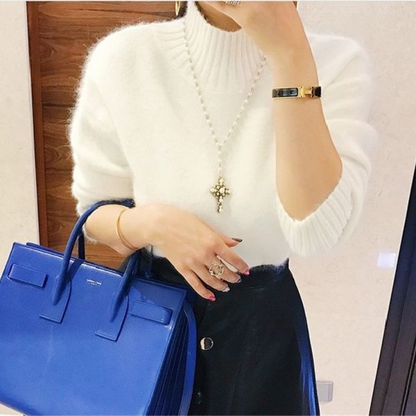 2019 autumn winter half turtleneck women basic knitted imitation mink cashmere sweater pullover thick warm female jumper top, White;black
2019 autumn winter half turtleneck women basic knitted imitation mink cashmere sweater pullover thick warm female jumper top, White;black