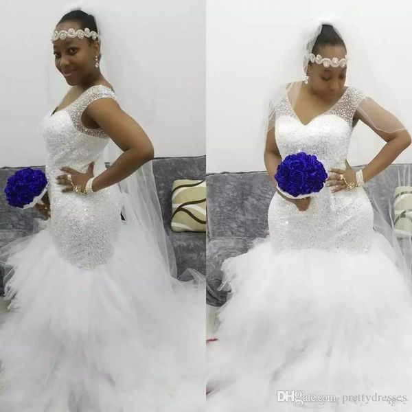 2019 plus size mermaid wedding dresses deep v neck ruched train lace sequins country bridal gowns custom made modest boho wedding dress, White
2019 plus size mermaid wedding dresses deep v neck ruched train lace sequins country bridal gowns custom made modest boho wedding dress, White