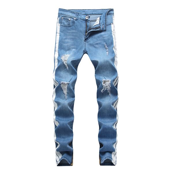 mens designer high thigh hole stretch slim feet denim trousers personalized street beggar wind, Blue
mens designer high thigh hole stretch slim feet denim trousers personalized street beggar wind, Blue