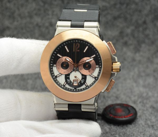 42mm outdoor quartz chrono gold bezel mens watches with a black rubber with stainless steel links strap, Slivery;brown
42mm outdoor quartz chrono gold bezel mens watches with a black rubber with stainless steel links strap, Slivery;brown