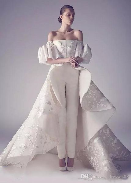 off shoulder ivory wedding dress pants suits backless bridal gown sweep train robes de vestidos de novia, White
off shoulder ivory wedding dress pants suits backless bridal gown sweep train robes de vestidos de novia, White