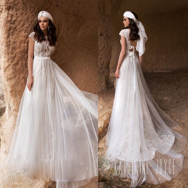 2019 bohemian wedding dresses illusion a line lace appliques bridal gowns with detachable train summer beach dress, White
2019 bohemian wedding dresses illusion a line lace appliques bridal gowns with detachable train summer beach dress, White