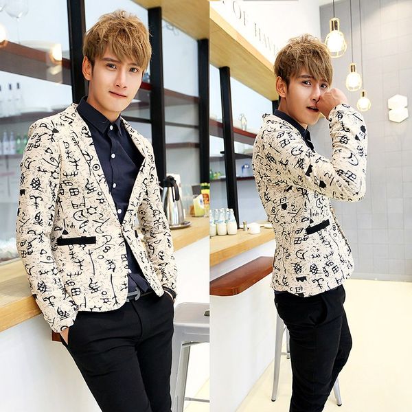 kpop fashion men blazer designs single button printed slim fit blazer jacket masculino casual suit stage wear costume homme z15, White;black
kpop fashion men blazer designs single button printed slim fit blazer jacket masculino casual suit stage wear costume homme z15, White;black