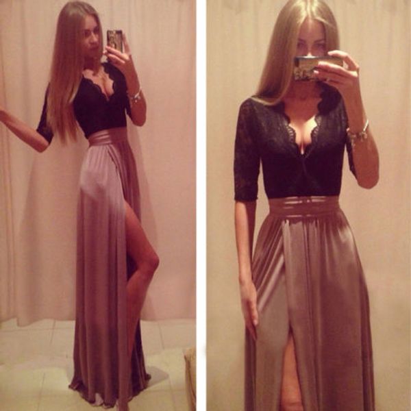 new lady lace bandage party clubwear women long sleeve maxi long side slit dress, Black;gray
new lady lace bandage party clubwear women long sleeve maxi long side slit dress, Black;gray