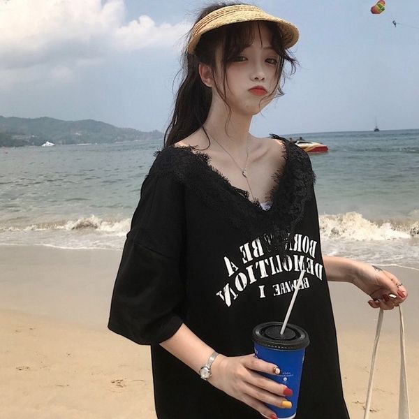 2019 summer t-shirt lace casual slim heart-made short-sleeved t-shirt female lace stitching v-neck large loose top, White
2019 summer t-shirt lace casual slim heart-made short-sleeved t-shirt female lace stitching v-neck large loose top, White