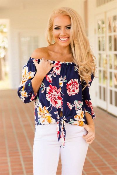 2019 dhl women's floral print short sleeve 3/4 bell sleeve off the shoulder front tie knot t shirt blouse, White
2019 dhl women's floral print short sleeve 3/4 bell sleeve off the shoulder front tie knot t shirt blouse, White