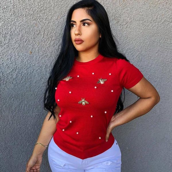 plus size women designer t shirts clothing short sleeve luxury t shirt elastic nail beaded bee decorated t shirt with round collar, White
plus size women designer t shirts clothing short sleeve luxury t shirt elastic nail beaded bee decorated t shirt with round collar, White