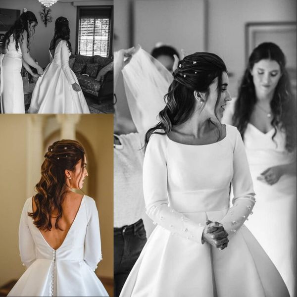 2020 simple satin a line country wedding dresses square neck backless long sleeve bridal wedding gown with pearls, White
2020 simple satin a line country wedding dresses square neck backless long sleeve bridal wedding gown with pearls, White