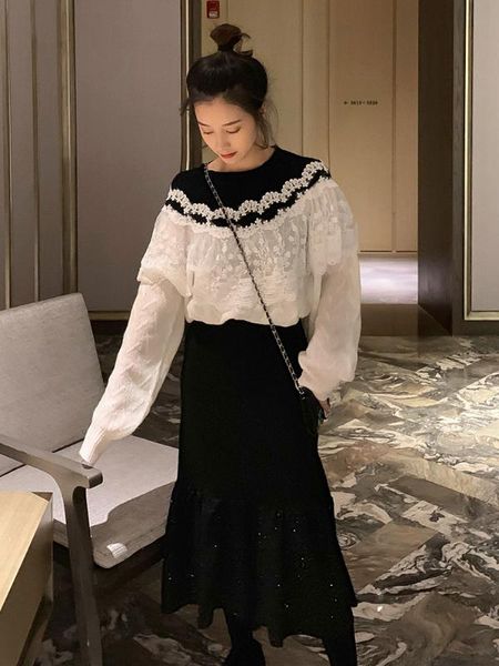 women's sweaters knitted sweater 2021 winter korean ruffel lace stitched sleeve loose long-sleeved white top, White;black
women's sweaters knitted sweater 2021 winter korean ruffel lace stitched sleeve loose long-sleeved white top, White;black