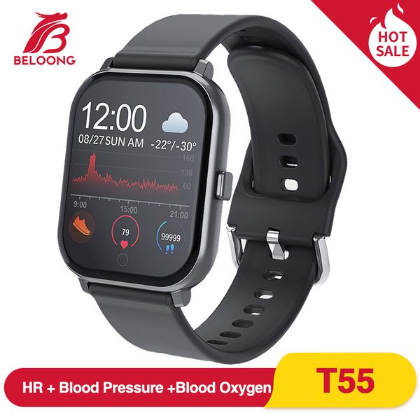 beloong t55 1.3inch smart watch 24h heart rate blood pressure blood oxygen monitor weather push bluetooth music for android ios, Slivery;brown