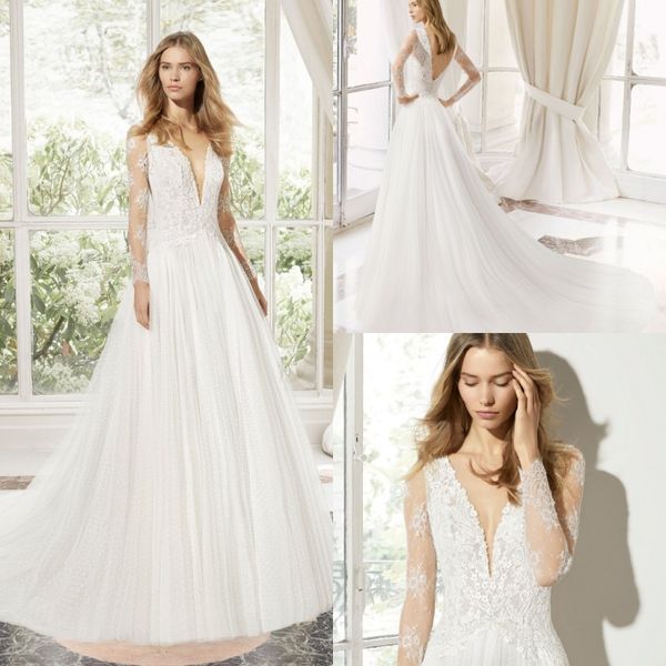 2019 modest long sleeve wedding dresses deep v neck lace appliqued tulle a line boho beach wedding dress sweep train bridal gowns, White
2019 modest long sleeve wedding dresses deep v neck lace appliqued tulle a line boho beach wedding dress sweep train bridal gowns, White