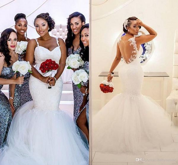 2019 new illusion back mermaid wedding dresses spaghetti straps lace appliques ruched sheer back floor length south african bridal gowns, White
2019 new illusion back mermaid wedding dresses spaghetti straps lace appliques ruched sheer back floor length south african bridal gowns, White
