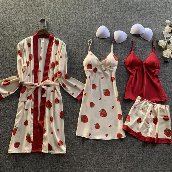 4pcs women pijamas sets home strawberry print red night gowns summer long sleeve clothing casual sleepwear robe with chest pads, Black;red
4pcs women pijamas sets home strawberry print red night gowns summer long sleeve clothing casual sleepwear robe with chest pads, Black;red