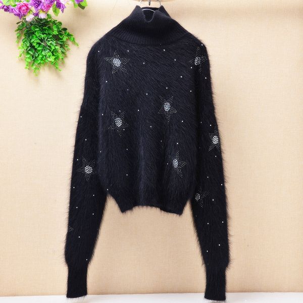 femme women winter short loose stars plush mink cashmere turtleneck angora fur hand knitted blouses pullover sweater, White;black
femme women winter short loose stars plush mink cashmere turtleneck angora fur hand knitted blouses pullover sweater, White;black