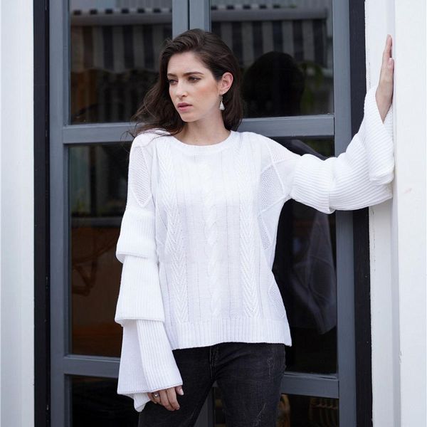 women's sweater sweater trumpet sleeve loose round neck pullover loose fashion shirt, White;black
women's sweater sweater trumpet sleeve loose round neck pullover loose fashion shirt, White;black