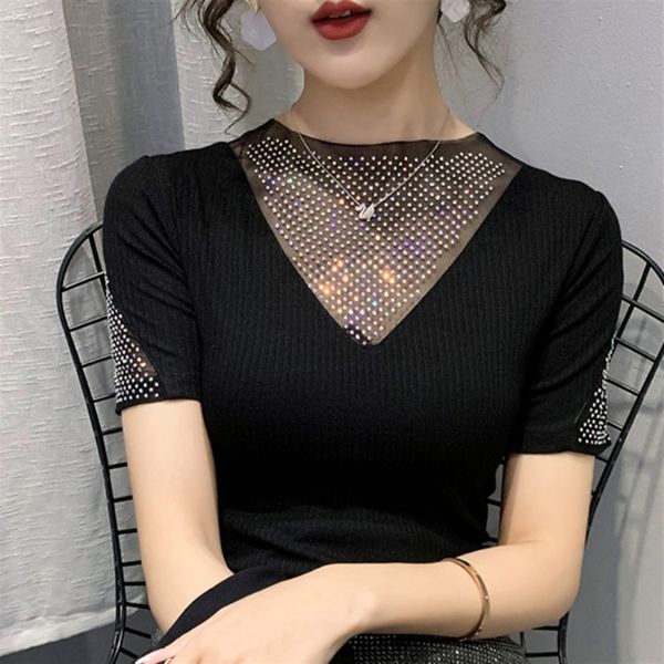 mesh stitching black t-shirt female this year's super drill thread t-shirt western style perspective tide, White
mesh stitching black t-shirt female this year's super drill thread t-shirt western style perspective tide, White