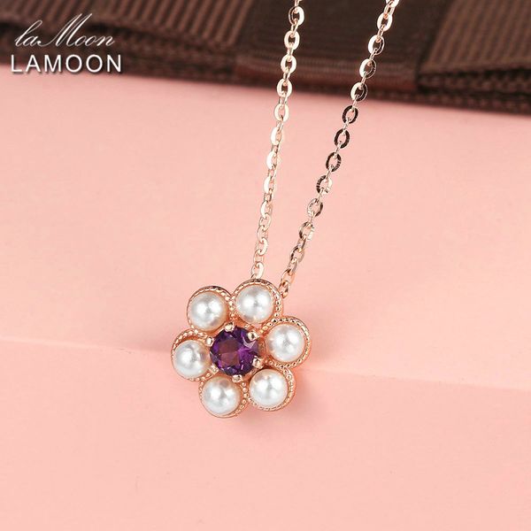 

lamoon s925 серебряное ожерелье для женщин маленький цветок кулон аметист драгоценный камень 18k розовое золото покрытием изысканные ювелирн, Silver