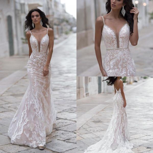 2020 elegant mermaid wedding dresses backless spaghetti applique tulle wedding dress sweep train bridal gowns, White
2020 elegant mermaid wedding dresses backless spaghetti applique tulle wedding dress sweep train bridal gowns, White