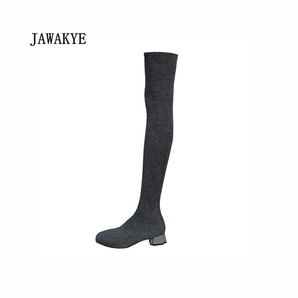 elastic sock boots women square toe black gray square heels thigh high boots knitting long flat botas largas mujer
elastic sock boots women square toe black gray square heels thigh high boots knitting long flat botas largas mujer