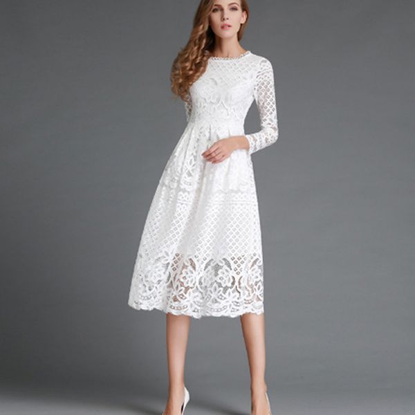 long spring dress women 2019 elegant hollow out black white lace dress female vintage slim a-line party dresses, Black;gray
long spring dress women 2019 elegant hollow out black white lace dress female vintage slim a-line party dresses, Black;gray