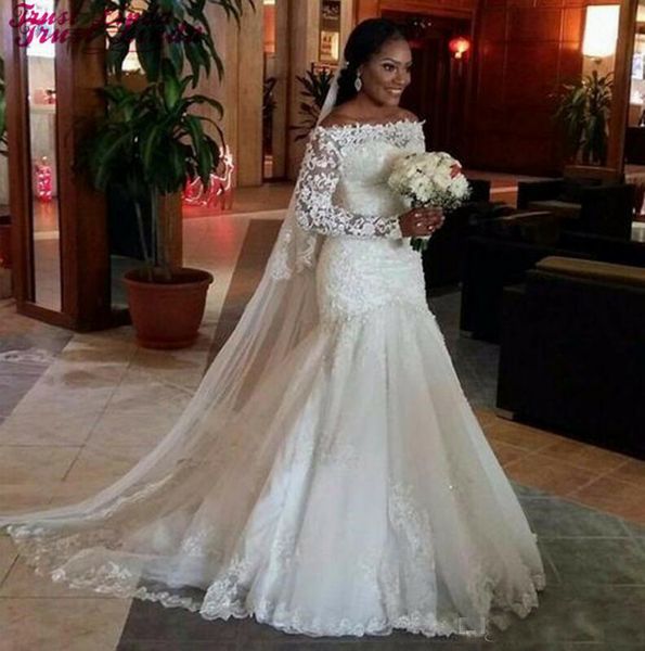 Vintage Lace Appliques Mermaid Wedding Dresses Boat Neck Long Sleeves Beauty Romantic Wedding Bridal gowns Plus Size Vestidos de noiva
Vintage Lace Appliques Mermaid Wedding Dresses Boat Neck Long Sleeves Beauty Romantic Wedding Bridal gowns Plus Size Vestidos de noiva