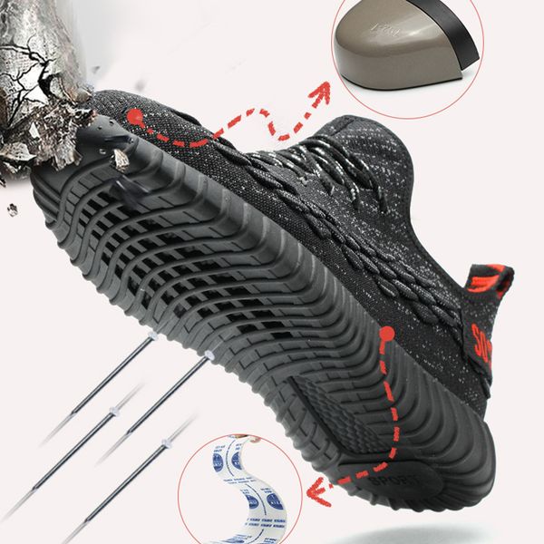 

2019 labor insurance shoes men's breathable flying woven anti-mite puncture work shoes steel toe cap fashion casual safety, Black