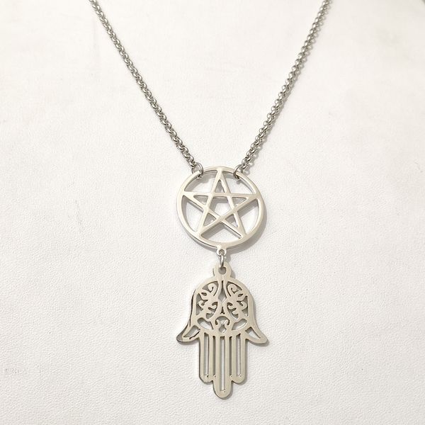 wholesale hand of fatima hamsa kabbalah pentagram star stainless steel charm round chain good nice gift, Silver
wholesale hand of fatima hamsa kabbalah pentagram star stainless steel charm round chain good nice gift, Silver