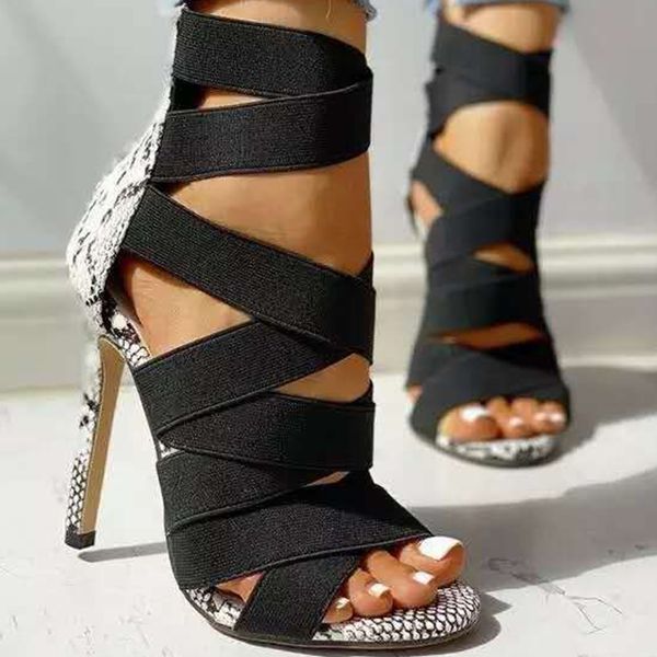 

woman snake pattern sandals women's peep toe zip shoes women cross elastic band thin high heels ladie pumps plus size 42, Black