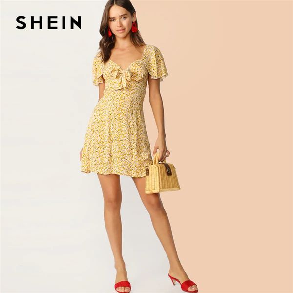 

shein ditsy floral knot front flutter sleeve dress 2019 ginger short sleeve women dress sweetheart neckline summer, Black;gray