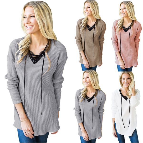 women long sleeve warm soild sweater autumn bandage strappy v neck female clothing blouses shirts knitwear ladies jumpers, White;black
women long sleeve warm soild sweater autumn bandage strappy v neck female clothing blouses shirts knitwear ladies jumpers, White;black