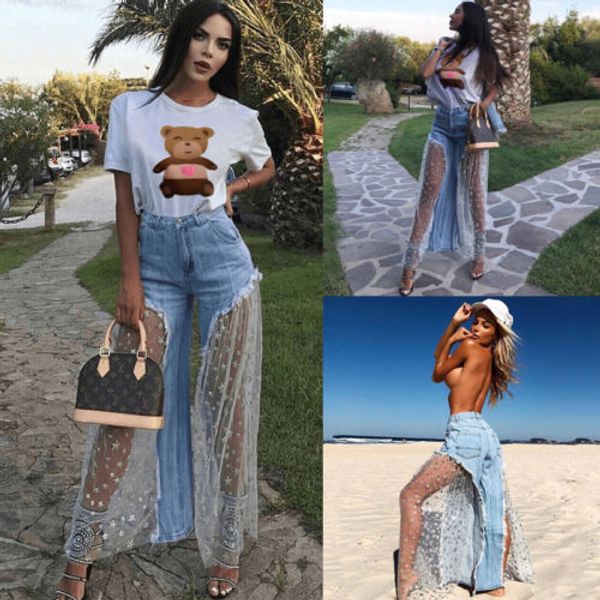 

women casual fashion high waist hip push up lace mesh spliced wide leg flare demin jeans elastic trousers, Black;white