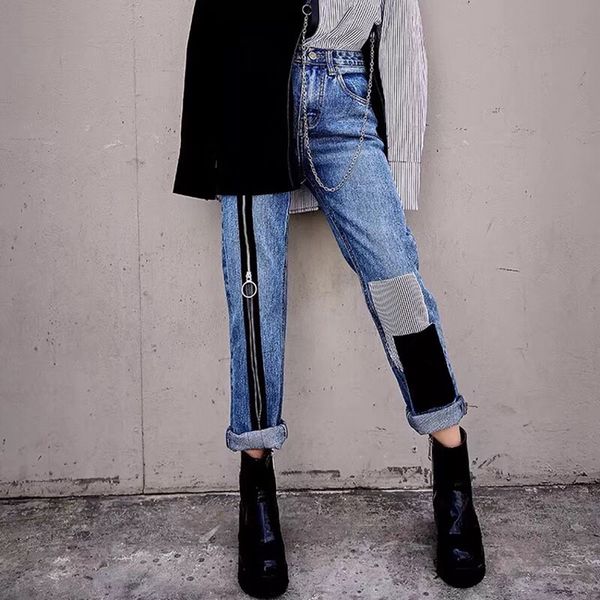 2019new spring street hip-hop women zipper color paste patch denim trousers fringed trousers straight leg, Blue
2019new spring street hip-hop women zipper color paste patch denim trousers fringed trousers straight leg, Blue