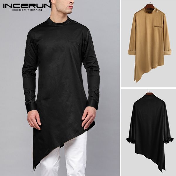 men's casual shirts vintage men clothes stand collar solid irregular hem long retro sleeve muslim kaftan incerun s-5xl, White;black 
men's casual shirts vintage men clothes stand collar solid irregular hem long retro sleeve muslim kaftan incerun s-5xl, White;black