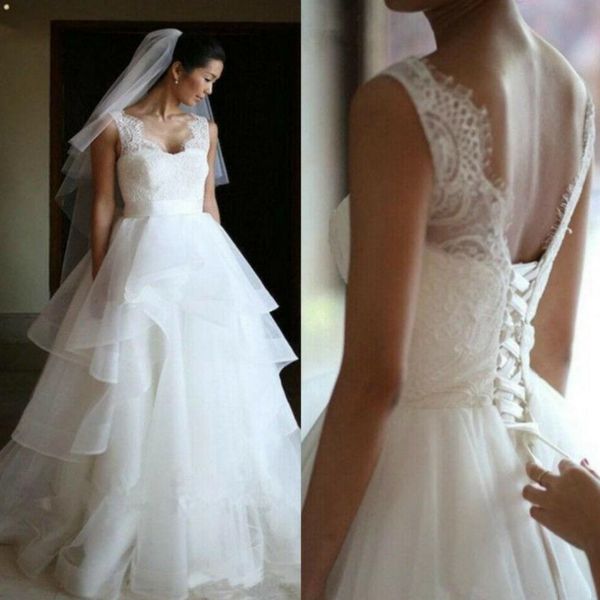 elegant tiered wedding dresses tulle sleeveless lace up applique sweep train wedding bridal gowns formal a line wedding party dress, White
elegant tiered wedding dresses tulle sleeveless lace up applique sweep train wedding bridal gowns formal a line wedding party dress, White