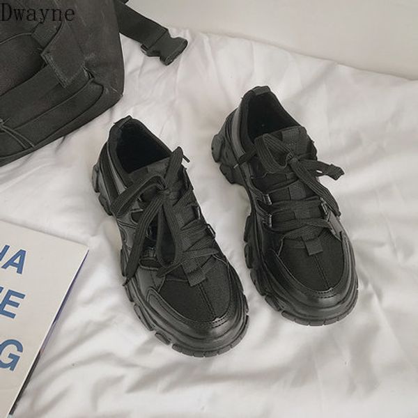 daddy shoes women 2020 new wild korean version of harajuku style plus velvet increased thin sports shoes, Black